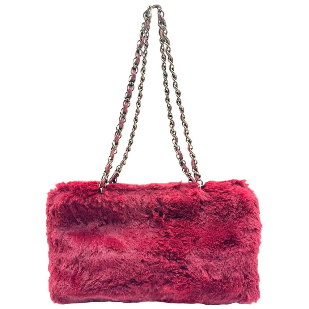 Chanel Burgundy Rabbit Fur Shoulder Tote Bag 2000-03
